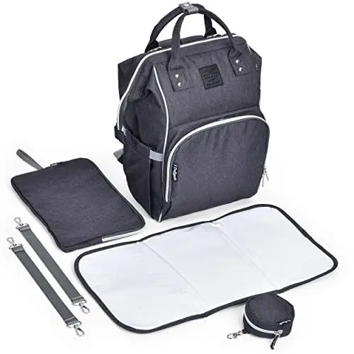 Produktbild: Daliya® PAKMI Wickelrucksack mit Schnullertasche & Wickelunterlage & Wickelunterlagentasche & Schlüsselanhänger - Wickeltasche Mamabag Tasche Rucksack mit viel Stauraum - Schwarzgrau