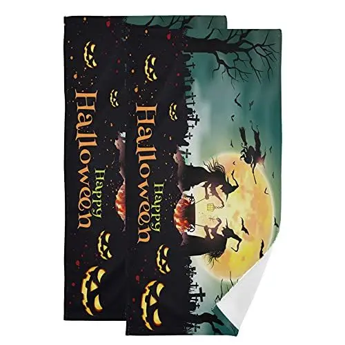 Produktbild: Dallonan Gesichtshandtuch-Set, weich, Halloween, Hexe und Wald, Mond, Polyester, weich, saugfähig, Handtücher für Badezimmer, 2 Stück, für Friseursalon, Fitnessstudio, Reisen, Gäste-WC, 71 x 36 cm