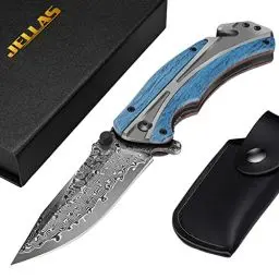 Produktbild: Damast Taschenmesser mit Olivenholzgriff, Klappmesser Damast für Camping, Jagd, Angeln, Wandern, mit Holzgriff & Lederscheide & Geschenkbox (Hellblau)