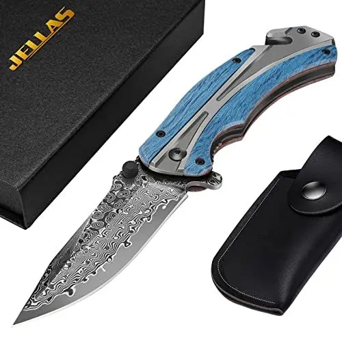 Produktbild: Damast Taschenmesser mit Olivenholzgriff, Klappmesser Damast für Camping, Jagd, Angeln, Wandern, mit Holzgriff & Lederscheide & Geschenkbox (Hellblau)