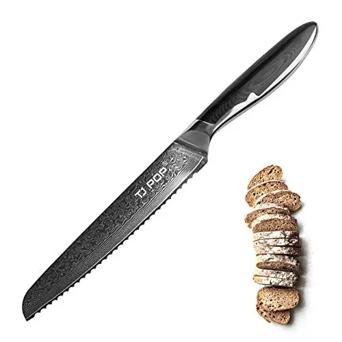 Produktbild: Damastmesser Brotmesser Wellenschliff, TJ POP Damast Küchenmesser 20cm Brotschneidemesser, Ultrascharfes Japanische VG-10 Profi Messer, Full Tang Design,Guter Halt, Rutschfester G10 Griff