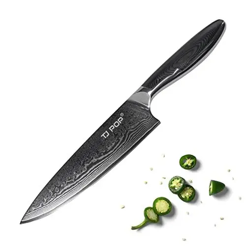 Produktbild: TJ POP Damastmesser Kochmesser, Profi Chefmesser Fleischmesser 20cm, VG-10 Damaststahl Japanische Küchenmesser, Full-Tang Design, Guter Halt, Rutschfester G10 Griff