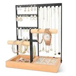 Produktbild: Damcyer Schmuckständer Schmuckhalter, Kettenständer Schmuck, 4-Stäben Schmuckständer, kettenständer schmuck, schmuckständer Holz für Halsketten, Ringe, Armbänder, Schwarz