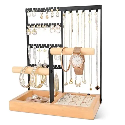 Produktbild: Damcyer Schmuckständer Schmuckhalter, Kettenständer Schmuck, 4-Stäben Schmuckständer, kettenständer schmuck, schmuckständer Holz für Halsketten, Ringe, Armbänder, Schwarz
