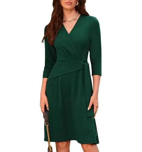 Produktbild: Damen 3/4 Ärmel Swing Freizeitkleid mit Knielang Hochzeitsgast Bürokleider V-Ausschnitt Party Cocktailkleid Dunkelgrün XXL