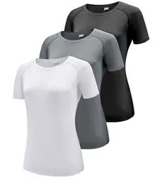 Produktbild: Damen 3er Pack Kurzarm T-Shirts, UPF 50+ Sonnenschutz Schnelltrocknend Funktionsshirt Laufshirts, Atmungsaktiv Kurzarm Sportshirt Gym Yoga Top Workout Fitness Oberteil Black/White/Grey 3P11-M