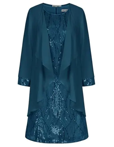 Produktbild: Damen Ärmelloses Paillettenkleid mit Rundhalsausschnitt Sexy Party Cocktail Abendkleid Pfaublau XL