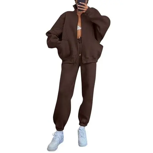 Produktbild: Damen Anzug Top Solide Farbe Stehkragen Sweatshirt Dicker mit Langen Ärmeln Pullover mit Taschen und Reißverschluss Sweatpants Kordelzug Casual Outfit Braun S