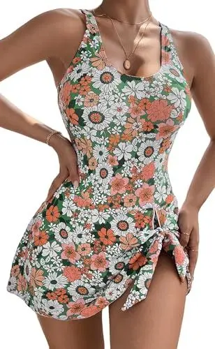 Produktbild: Damen Athletic Badeanzüge Sonnenschutz Bademode Sommer Tankini Badekleid Einteiler Strandmode Schwimmkleid Schwimmrock mit Brustpolster