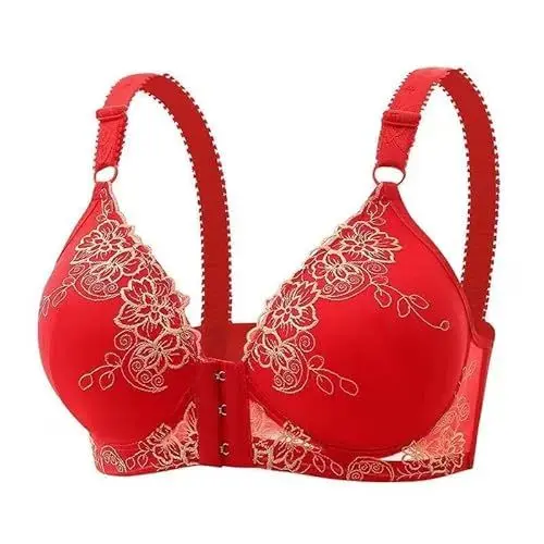 Produktbild: Damen BH mit Vorderverschluss Ohne Bügel Bustier Große Brüste Starker Halt Sport-BHS Push Up Damen-BHS Still Unterwäsche Bra Spitzen Bralette Baumwolle Deals of The Day Rot L