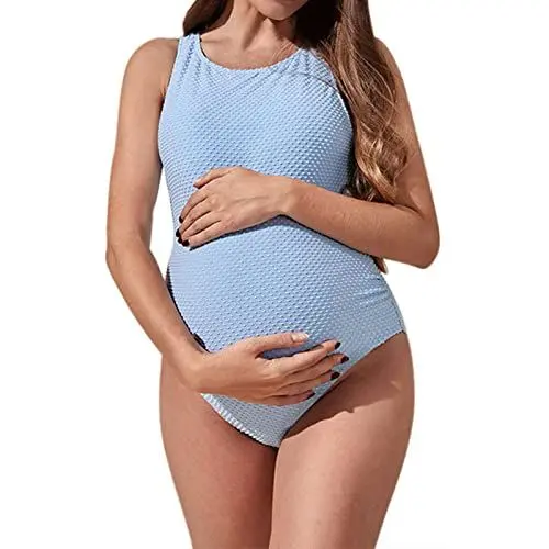 Produktbild: BOTCAM Umstands-Badeanzug Strand Monokini einfarbig hellblau doppelte Schulter Umstands-Badeanzug lockerer rückenfreier strapazierfähiger Bikini Pyjama Wochenbett (Blue, L)