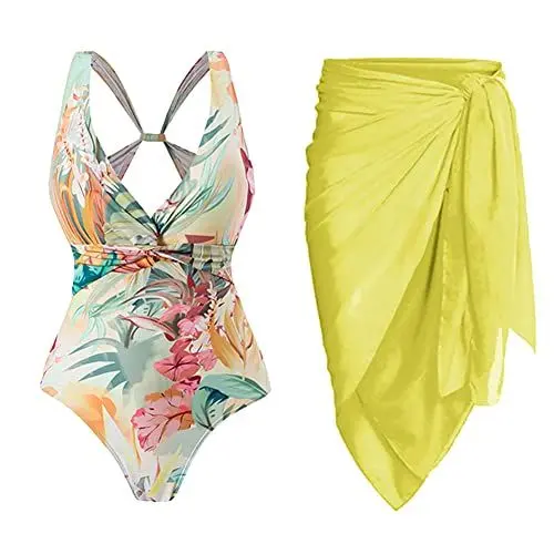 Produktbild: Damen Badeanzug Bauchweg V-Ausschnitt Monokini Elegant Badeanzugkleid Badekleid Schwimmrock Retro Schwimmkleid Baderock Tankini Sport Schwimmanzug Bademode Swimsuit Sportbadeanzüge Gelb Blumen XL