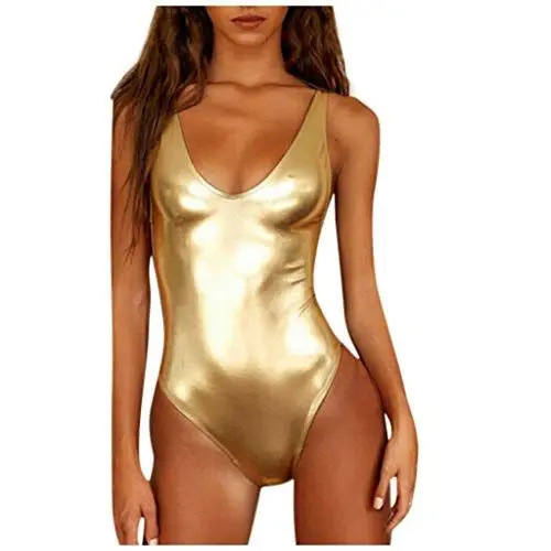Produktbild: Damen Badeanzug Sexy V Ausschnitt Bauchweg Tiefen V Ausschnitt Rückenfrei Monokini Mit Tiefem Ausschnitt Neckholder Badeanzug Badebekleidung Strandmode Bauchweg Badeanzüge für Damen Gold,L
