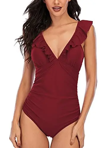 Produktbild: Damen Badeanzug mit Rüschen Volant Einteiliger Bademode V-Ausschnitt Strandbikini Monokinis Bauchweg Swimsuit, Rot, M (36-38)