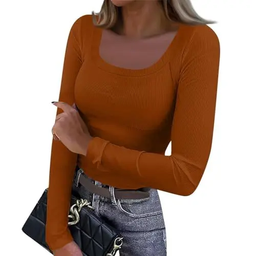 Produktbild: Damen Basic Einfarbig Rundhals Unteres Langarmshirt Frühling Sommer Casual Elegant Langarm Oberteile 2025 Sexy Slim Fit Stretch Gerippte Pullover Beige L