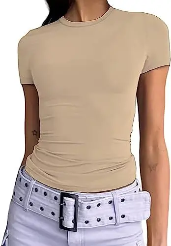 Produktbild: Damen Basic Kurzarm Crop Top Casual Y2K Rundhalsausschnitt Tops Slim Fit Tshirts Influencer Top Shirt(Apricot-012,S)