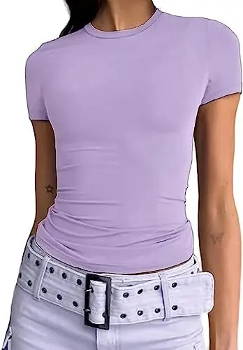 Produktbild: Damen Basic T-Shirts Kurzarm Crop Top Casual Y2K Rundhalsausschnitt Tops Slim Fit Tshirts(Purple-1, L)