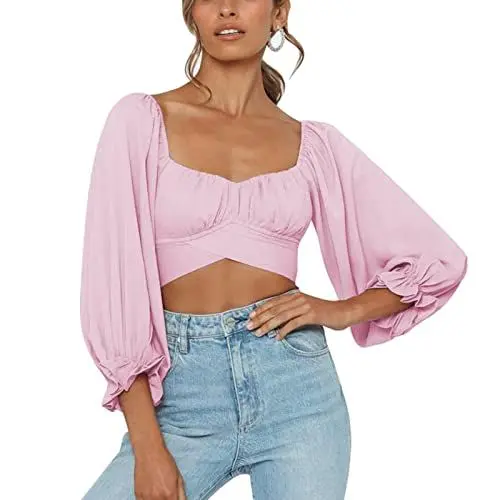 Produktbild: Damen Bauchfrei Oberteil Schulterfrei Rüschen Wrap Crop Top Langarmshirt mit Lange Puffärmel Bluse Binden Zurück Shirts für Party Freizeit(XL-Typ 4)