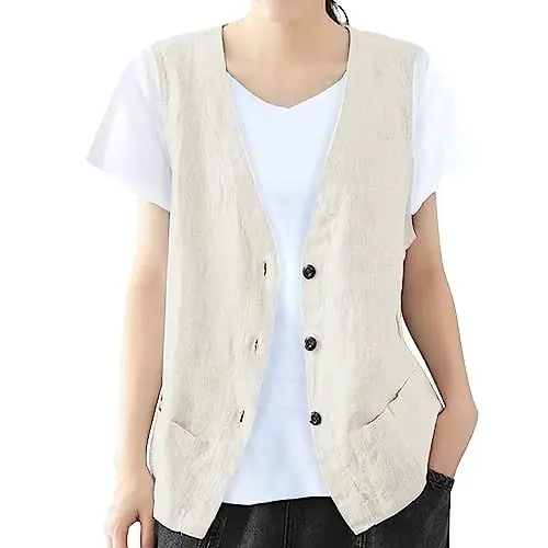Produktbild: Damen Baumwoll Leinen Weste Dünn Blusenweste Kurz Einfache Weste Lässig Lockere V-Ausschnitt Strickjacke Lose Ärmellose Jacke mit Taschen Knöpfen Anzugweste Sommer Geschnittene Weste Beige XL