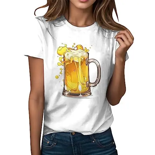 Produktbild: Damen Baumwoll T-Shirt lässig Oktoberfest modisch Bedruckt Kurzarm O-Ausschnitt Freizeitoberteil für Damen (Yellow, XXL)