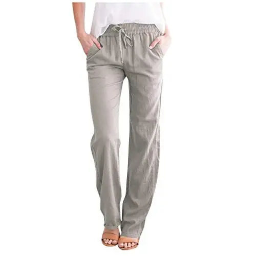 Produktbild: Damen Baumwolle Leinenhose Einfarbig Loose Haremshose Leicht Casual Yogahose Angenehm Regular Bürohose Blickdicht Straight Bein Freizeithose mit Taschen Kordelzug Schlaghose 2024 Stoffhose