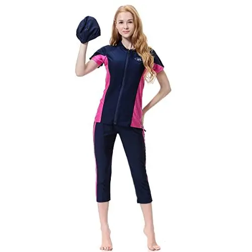 Produktbild: Damen Bescheiden Muslimische Bademode Islamischer Burkini Badeanzug Langarm Schwimmoberteil mit Kurz Röcken Hose Badekappe 3tlg Tankini Set Badebekleidung Rose XXL