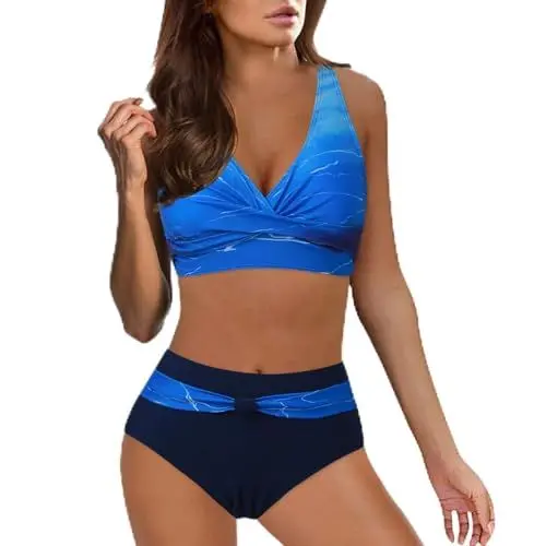 Produktbild: Damen Bikini Set Sexy BadeanzugTop V Ausschnitt Badeanzug Top Sommer Strand Bikini Damen Bikini Set Sexy Bikini Brazilian Style Mit Hoher Taille Damen Zweiteiliger Badeanzug Blau, XXL