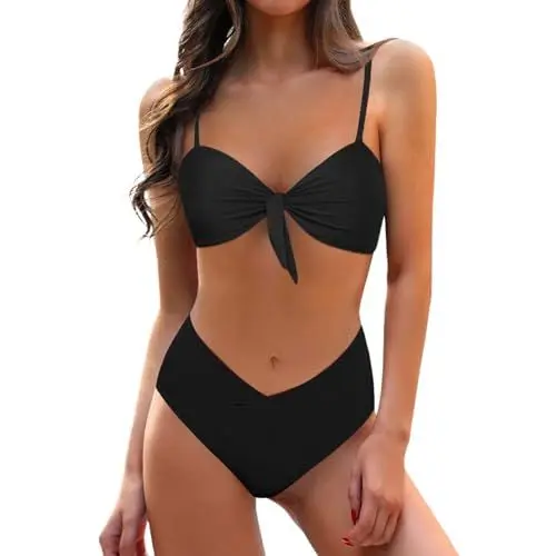 Produktbild: Damen Bikini Set Sexy Bikini Brazilian Style Niedriger Taille String Triangel riangel Breites Unterbrustband Gerippte Bademode Zweiteiliger Badeanzug Schwarz, M