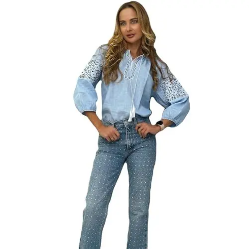 Produktbild: Damen Blau Leinen Vyshyvanka mit Blauer und weißer Stickerei | Langarm Traditionelle ukrainische Bluse Ethno Kleidung, blau, M (DE/NL/SE/PL, Alphanumerisch, S, Regular, Regular, Blau)