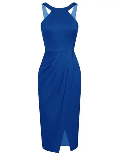 Produktbild: Damen Bleistiftkleider Abendkleid Slim Fit Swing Neck Retro Festlich Ballkleid Blau L