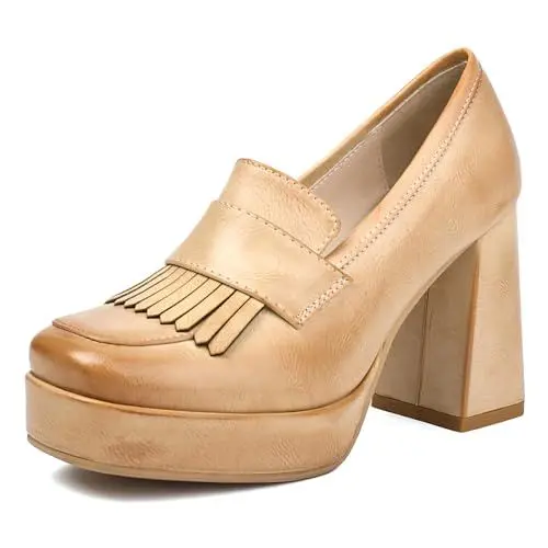 Produktbild: Damen Blockabsatz Loafer Square Toe Höhe Ferse Schuhe Ohne Verschluss mit Plateau Klassische Party Schuhe W84861Uq Beige Gr 36.5 EU/37Cn