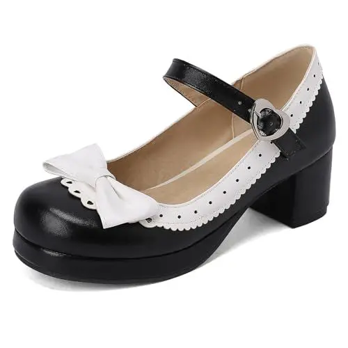 Produktbild: Damen Blockabsatz Mary Jane mit Plateau Bogen Mitte Absatz Schuhe Runde Zehen Schnalle Elegant Pumps, P30131Au Schwarz Gr 43 EU/45Cn