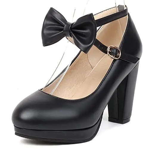 Produktbild: Damen Blockieren Ferse Mary Jane Schuhe, Höhe Ferse Pumpe Runde Zehen Schnalle Kleid Pumps mit Plateau Criss Cross Strap Bogen Mode Mqghnh Schwarz Gr 43 EU