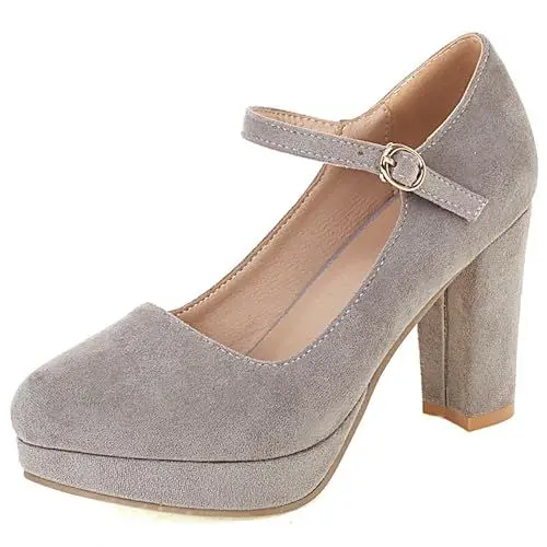 Produktbild: Damen Blockieren Ferse Mary Jane Schuhe, Höhe Ferse Pumpe Runde Zehen Schnalle Kleid Pumps mit Plateau Elegant Abendschuhe Kfwnge Grau Gr 39 EU