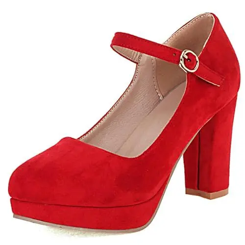 Produktbild: Damen Blockieren Ferse Mary Jane Schuhe, Höhe Ferse Pumpe Runde Zehen Schnalle Kleid Pumps mit Plateau Elegant Abendschuhe Yrrncf Rot Gr 43 EU