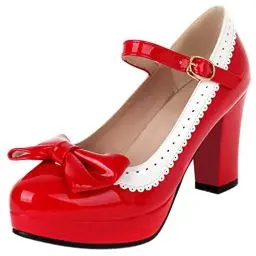 Produktbild: Damen Blockieren Ferse Mary Jane Schuhe, Höhe Ferse Pumpe Runde Zehen Schnalle Party Schuhe mit Plateau Bogen Mode Loxdpw Rot Gr 39 EU