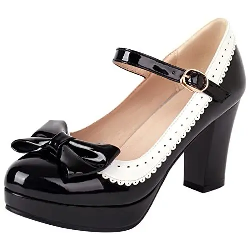 Produktbild: Damen Blockieren Ferse Mary Jane Schuhe, Höhe Ferse Pumpe Runde Zehen Schnalle Party Schuhe mit Plateau Bogen Mode Ygmcko Schwarz Gr 35 EU