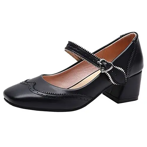Produktbild: Damen Blockieren Ferse Mary Jane Schuhe, Mittlere Fersenpumpe Square Toe Schnalle Kleid Pumps Mode Büroschuhe Tmoaum Schwarz Gr 43 EU