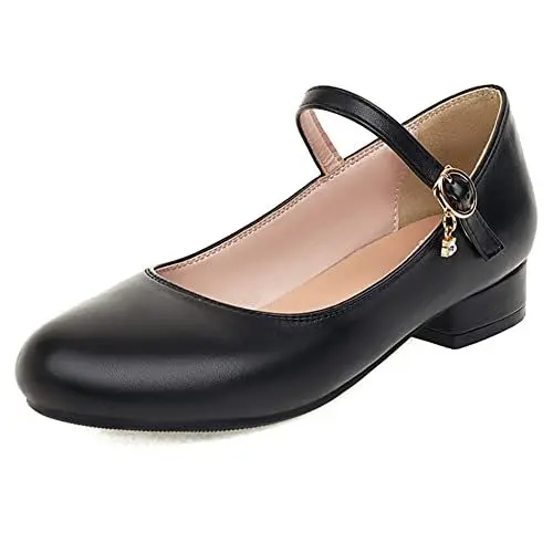Produktbild: Damen Blockieren Ferse Mary Jane Schuhe, Niedrige Fersenpumpe Runde Zehen Schnalle Kleid Pumps Leisure Fudhlp Schwarz Gr 47 EU
