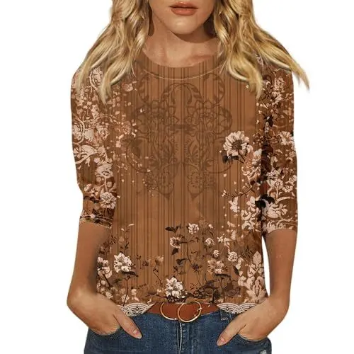Produktbild: Damen Bluse 3/4 Arm Blumen Tunika Women's Blouses & Shirts Damenblusen 3/4 Arm Shirt Tshirt Damen Sommer Elegant Baumwolle - mit Blumenmuster für Damen Tshirt Bluse Damen Braun XL
