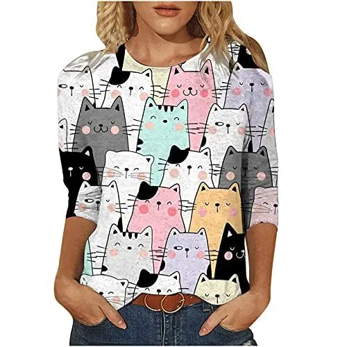 Produktbild: Damen Bluse 3/4 arm T-Shirt Sommer Oberteile Elegant Tunika Tee Tops Basic Rundhals Sportshirt Pullover Stretch Kurzarm Jumper Teenager Mädchen Longshirt Tierdruck Streetwear Laufshirt