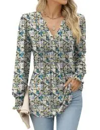 Produktbild: Damen Bluse Elegant Henley V-Ausschnitt Langarm Blusenshirt Blumenmuster Tunika Oberteile Herbst Locker Plissee Pullover Langarmshirt Puffärmel Longshirt Lässig Für Leggings