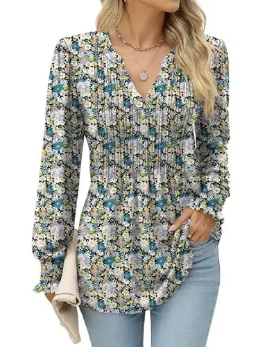 Produktbild: Damen Bluse Elegant Henley V-Ausschnitt Langarm Blusenshirt Blumenmuster Tunika Oberteile Herbst Locker Plissee Pullover Langarmshirt Puffärmel Longshirt Lässig Für Leggings