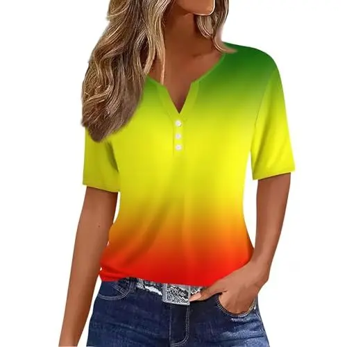 Produktbild: Damen Bluse Kurzarm Damen 2024 Sommer Casual T-Shirt V-Ausschnitt Tunika Tops Gestreifte Tops Sommer Kausal Tunika Sommermode Damen Gelb S