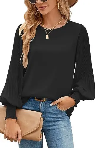 Produktbild: Damen Bluse Schwarz Luftig Langarm Shirt Elegant Musselin Chiffon Blusen für Arbeit Hochzeit Business Sekretariat Beerdigung Formale Herbst Oberteile Hemdbluse Longbluse Langarmshirt