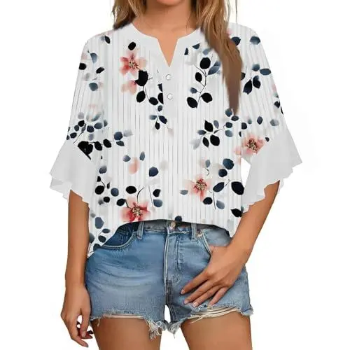 Produktbild: Damen Blusen Sommer Elegant Damenblusen 3/4 Arm Tunika Lässig Für Leggings Oberteil V-Ausschnitt Blumen Große Größen Tuniken Hosenanzug Festlich Hochzeit Indische Weiß S