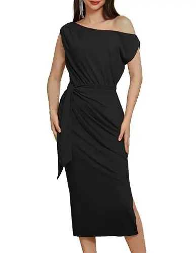 Produktbild: GRACE KARIN Damen One Shoulder Abendkleid 2024 Cocktailkleid Kurzarm Bodycon Midi Kleid Party Hochzeit S Schwarz CL2996S24-01