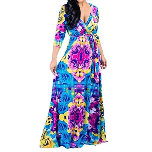 Produktbild: Damen Boho Lange Kleider Damenkleid Bedrucktes Taillenkleid Wickelkleid Langarm Swing Plissee Minikleid Regenschirmrock Women Casual Print Dreiviertel-Verband mit V-Ausschnitt, lockeres langes Kleid
