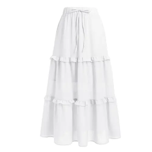 Produktbild: Damen Boho Sommer Rock A Linie Elastische Hohe Taille Faltenrock Casual Lang Flowy Swing Strandröcke Einfarbige Rüsche Gestreift Maxirock für Urlaub Weiß S