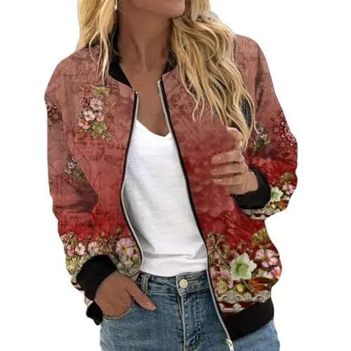 Produktbild: Damen Bomberjacke Kurze Blumenmuster Blouson mit Reißverschluss Herbst Frühling Jacket Damen Mädchen Sommerjacke Leichte Sommerjacke Damen Casual Pilotenjacke Langarm Outwear Blouson Fliegerjacke